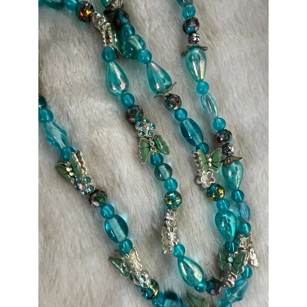 Turquoise Glass Bead Necklace Butterflies Lampwork Foil‎ Artisan 27